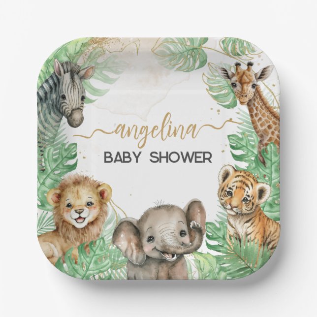 Safari animals Tropical greenery Baby Shower Paper Plates (Front)