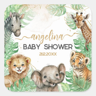 Safari animals Tropical greenery Baby Shower Square Sticker