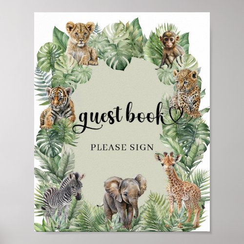 Safari animals Tropical greenery guest book sign