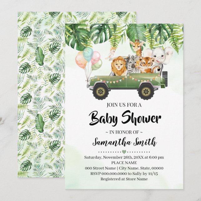 Safari Animals Tropical Jungle Zoo Baby Shower Invitation (Front/Back)