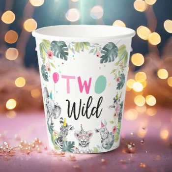 Safari Animals Two Wild Birthday Pink Girl  Paper Cups by Anietillustration at Zazzle