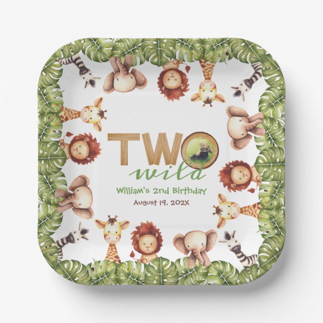 Safari Animals Two Wild Wood Photo 2nd Birthday Paper Plates (Front)