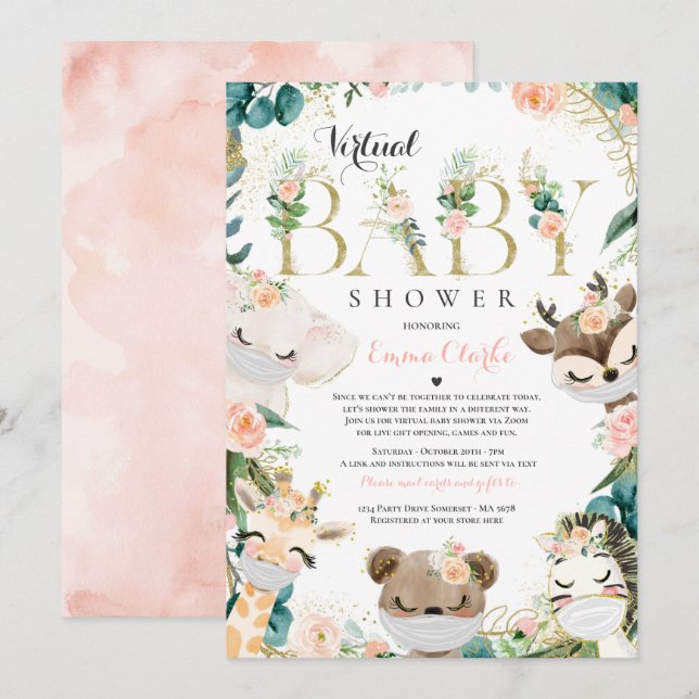 Safari Animals Virtual Baby Shower Greenery Gold Invitation (Front/Back)
