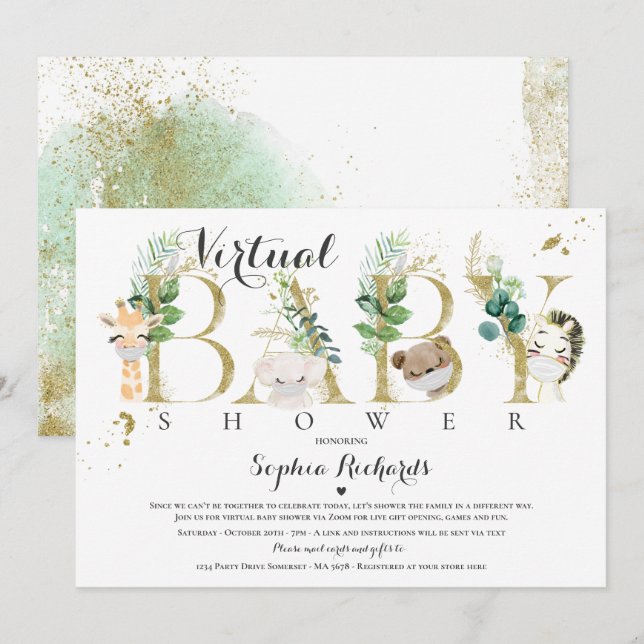 Safari Animals Virtual Baby Shower Greenery Gold Invitation (Front/Back)