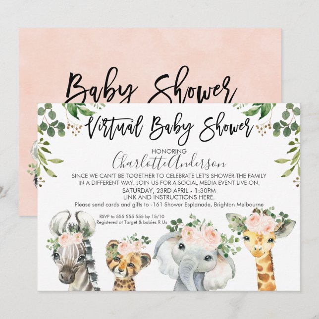 Safari Animals Virtual Baby Shower Invitation (Front/Back)