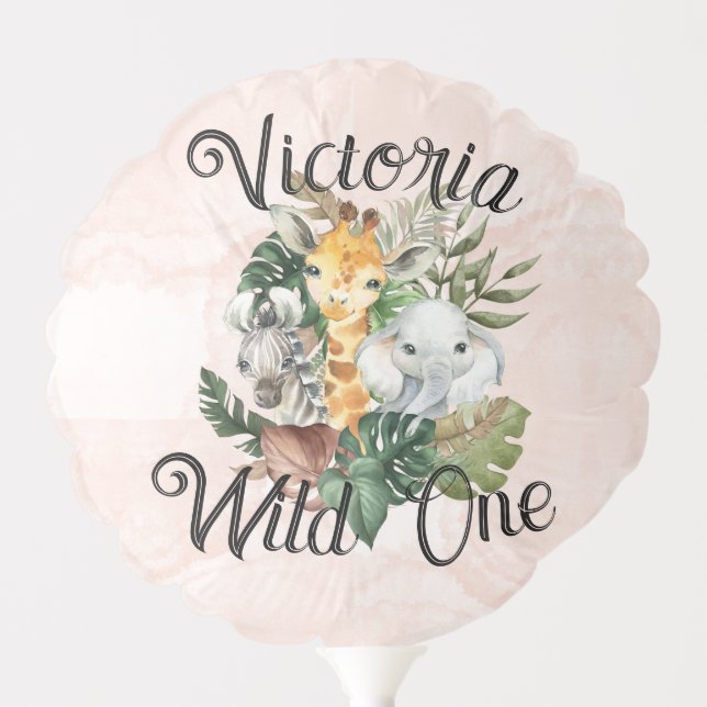 Safari Animals Watercolor Girls First Birthday  Balloon (Front)