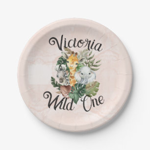 Safari Animals Watercolor Girls First Birthday  Paper Plates