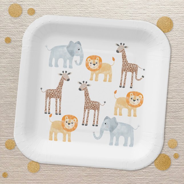 Safari Animals Watercolor Pattern Paper Plates (Cute watercolor baby safari animals baby shower party paper plates)