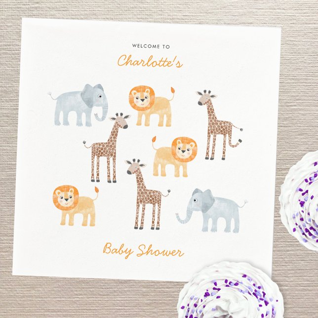 Safari Animals Watercolor Personalized Baby Shower Napkins (Fun watercolor baby safari animals personalized baby shower party paper napkins)