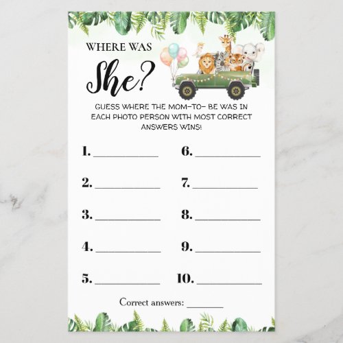 Safari Animals Where was Mom Shower Game Card Flyer