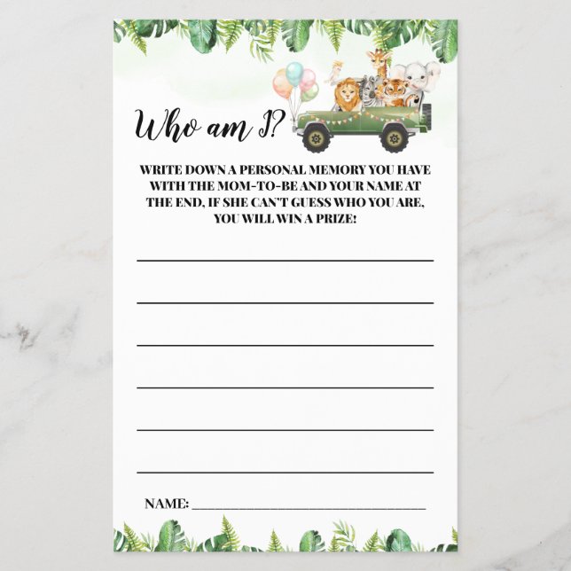 Safari Animals Who am I Baby Shower Game Card Flyer (Front)