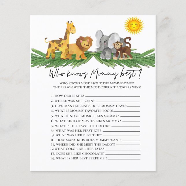 Safari Animals Who knows Mommy Baby Shower Game (Front)