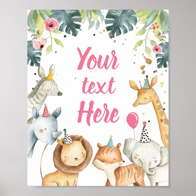Safari Animals Wild Girl Birthday Party Table Sign (Front)