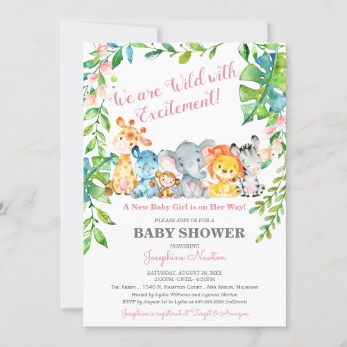 Safari Animals Wild Jungle Girl Baby Shower Invitation