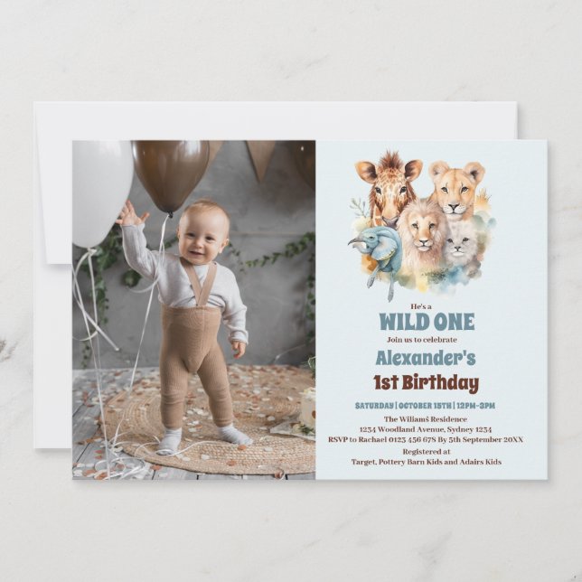 Safari Animals Wild One 1st Birtday Invitation (Front)