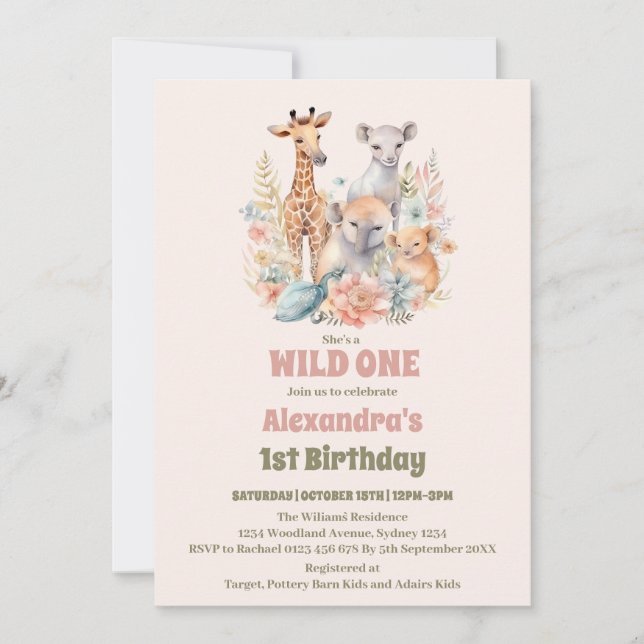 Safari Animals Wild One 1st Birtday Invitation (Front)
