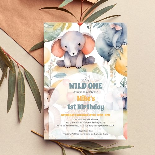 Safari Animals Wild One 1st Birtday Invitation