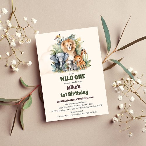 Safari Animals Wild One 1st Birtday Invitation