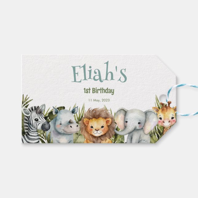 Safari Animals Wild One 1st Birthday Gift Tag (Front (Horizontal))