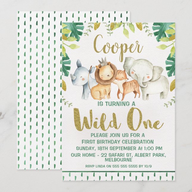 Safari Animals Wild One 1st Birthday Invitation (Front/Back)