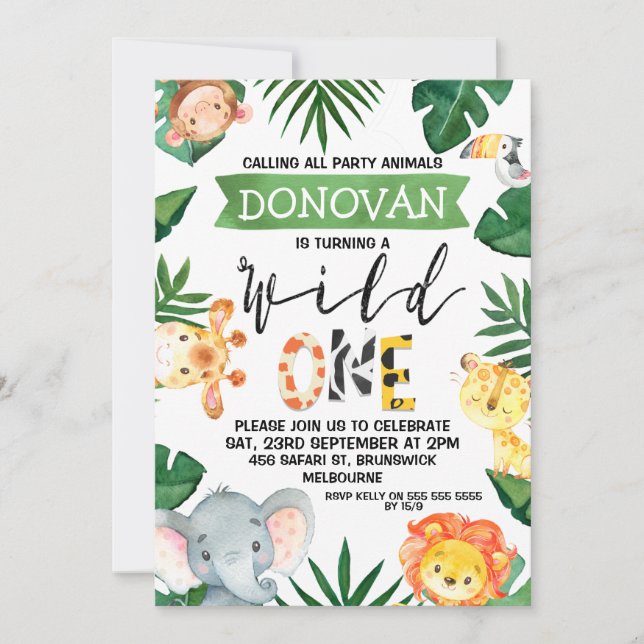 Safari Animals Wild One 1st Birthday Invitation (Front)