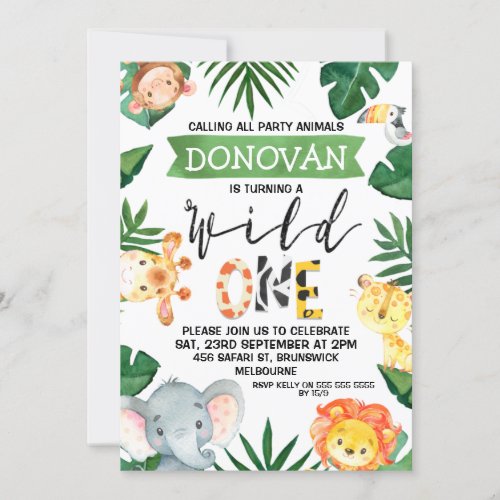 Safari Animals Wild One 1st Birthday Invitation