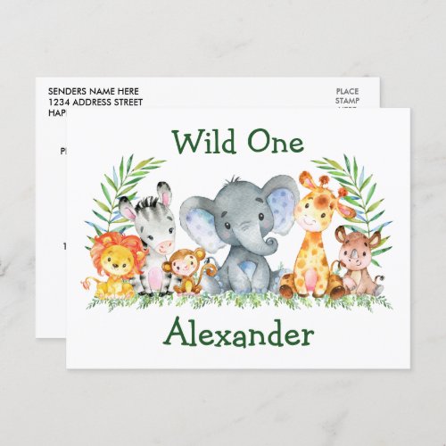 Safari Animals Wild One 1st Birthday Invitation Postcard