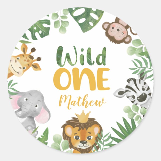 Safari Animals Wild One 1st Birthday Jungle Boy Cl Classic Round Sticker (Front)