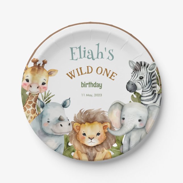 Safari Animals Wild One 1st Birthday Paper Plates (Front)