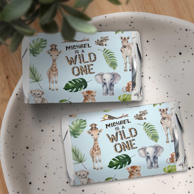 Safari animals Wild One baby boy 1st birthday Hershey's Miniatures (Wild one, Blue boy 1st birthday chocolate favors.)