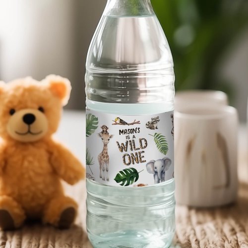 Safari Animals Wild One Baby Boy 1st  Water Bottle Label