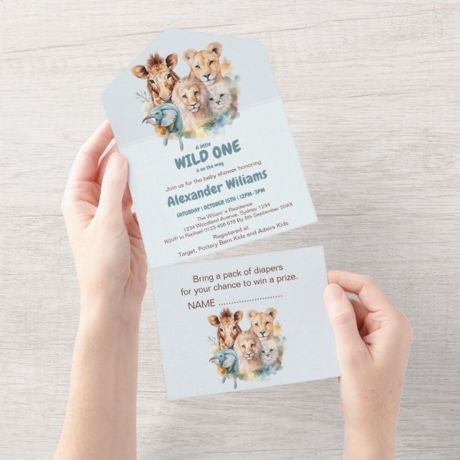 Safari Animals Wild One Baby Shower All In One Invitation (Tearaway)