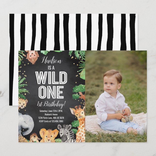 Safari Animals Wild One Birthday Black Photo Invitation (Front/Back)