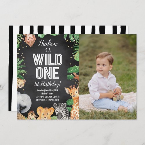 Safari Animals Wild One Birthday Black Photo Invitation