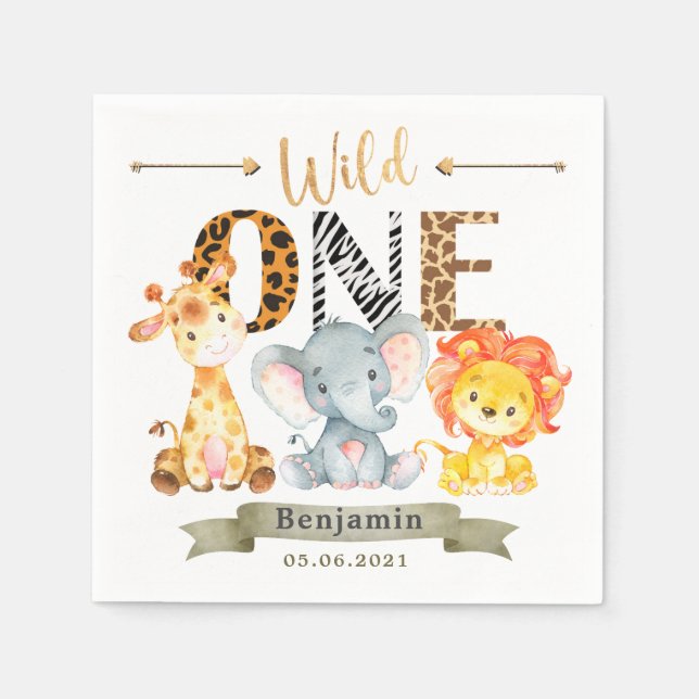 Safari Animals Wild One Birthday Napkins (Front)
