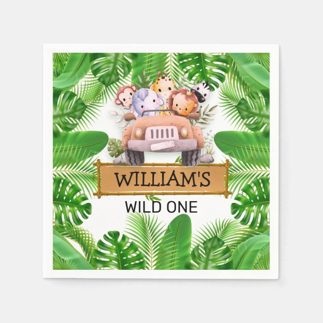Safari Animals Wild One Birthday Napkins (Front)