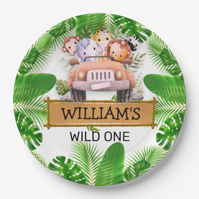 Safari Animals Wild One Birthday Paper Plates (Front)