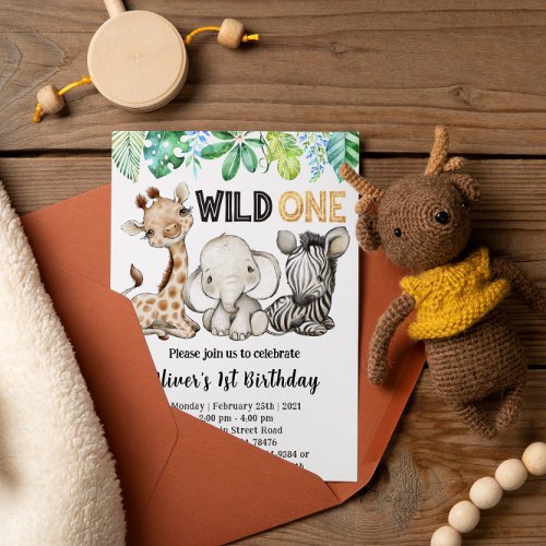 Safari Animals Wild One Birthday Party Invitation