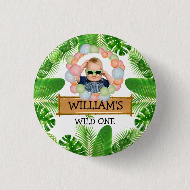 Safari Animals Wild One Birthday PHOTO Button (Front)