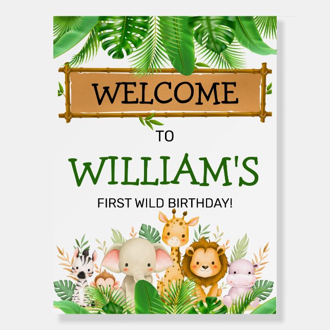 Safari Animals Wild One Birthday Welcome Sign  (Front)