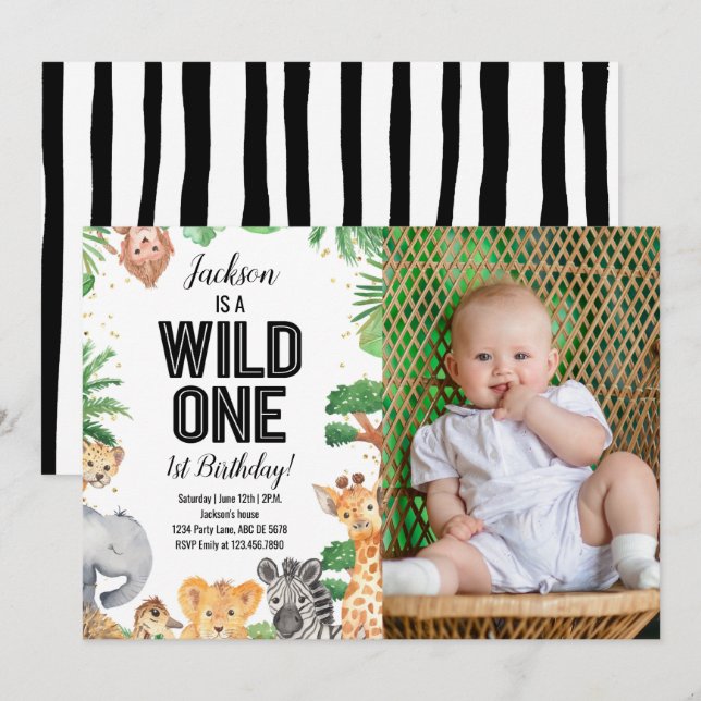 Safari Animals Wild One Birthday White Photo Invitation (Front/Back)