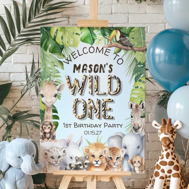 Safari Animals Wild One Blue 1st Birthday Welcome  Foam Board (Wild one, Blue Boy 1st birthday, Safari Themed Jungle Animals birthday welcome sign.)