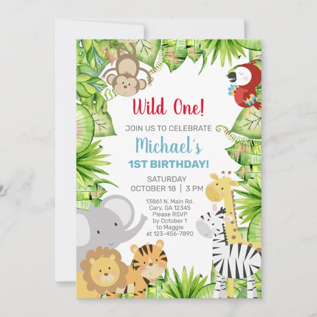 Safari animals Wild One boy 1st birthday invite. Invitation (Front)