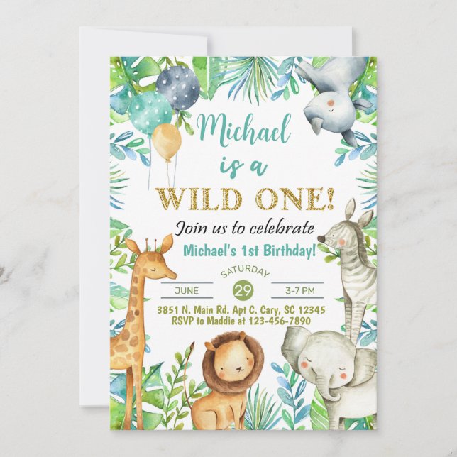 Safari animals Wild One boy 1st birthday invite. Invitation (Front)