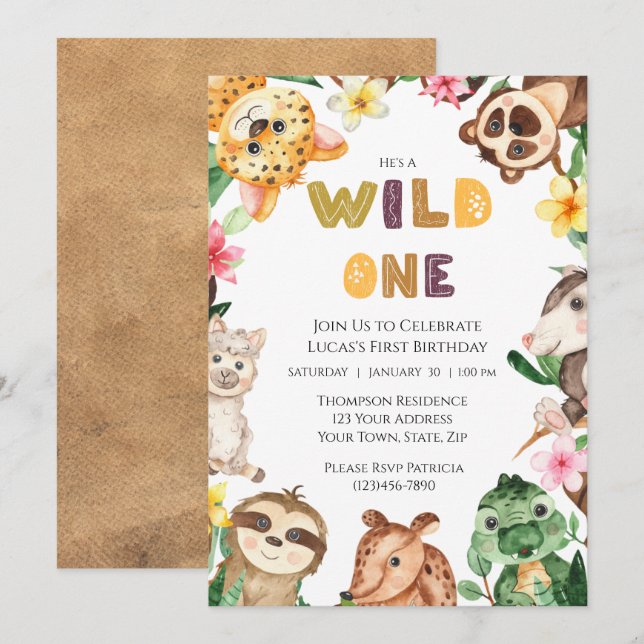 Safari Animals Wild One Boys First Birthday Invitation (Front/Back)