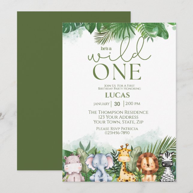 Safari Animals Wild One Boys First Birthday  Invitation (Front/Back)