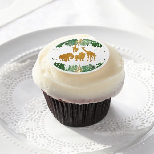 Safari Animals Wild One Cupcake Topper Gold Leaves Edible Frosting Rounds