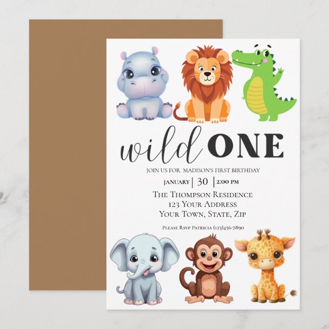 Safari Animals Wild One First Birthday  Invitation (Front/Back)