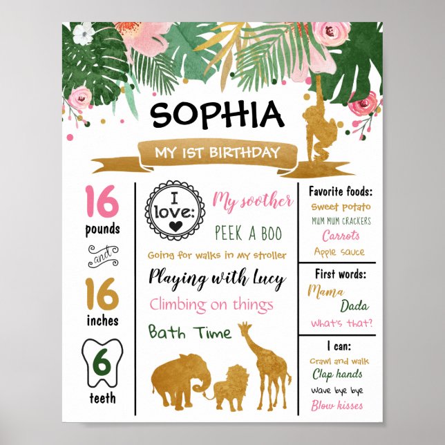 Safari Animals Wild One First Birthday Milestones Poster (Front)