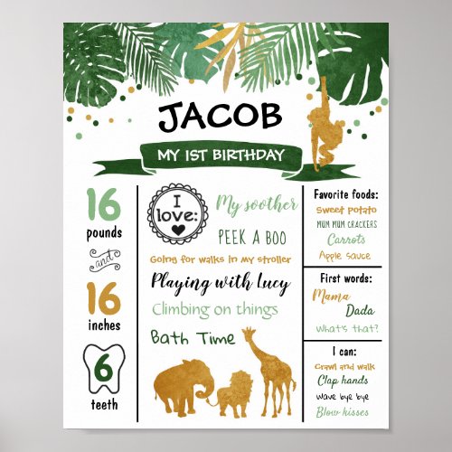 Safari Animals Wild One First Birthday Milestones Poster